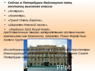 Сейчас в Петербурге действуют пять гостиниц высокого класса: «Астория», «Англете