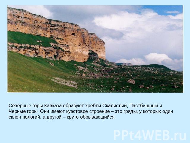 Северные горы Кавказа образуют хребты Скалистый, Пастбищный и Черные горы. Они имеют куэстовое строение – это гряды, у которых один склон пологий, а другой – круто обрывающийся.