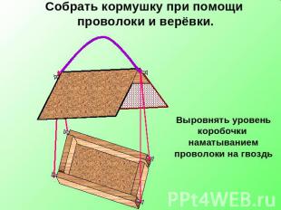 Собрать кормушку при помощи проволоки и верёвки. Выровнять уровень коробочки нам