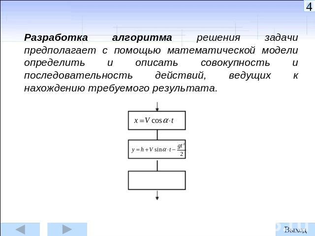 Разработка алгоритма решения задачи предполагает с помощью математической модели определить и описать совокупность и последовательность действий, ведущих к нахождению требуемого результата.