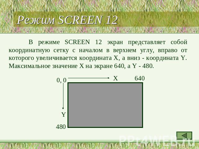Режим SCREEN 12 В режиме SCREEN 12 экран представляет собой координатную сетку с началом в верхнем углу, вправо от которого увеличивается координата X, а вниз - координата Y. Максимальное значение X на экране 640, а Y - 480.