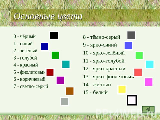 Основные цвета 0 - чёрный 1 - синий 2 - зелёный 3 - голубой 4 - красный 5 - фиолетовый 6 - коричневый 7 - светло-серый 8 - тёмно-серый 9 - ярко-синий 10 - ярко-зелёный 11 - ярко-голубой 12 - ярко-красный 13 - ярко-фиолетовый 14 - жёлтый 15 - белый