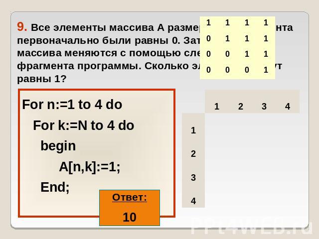 9. Все элементы массива А размером 4х4 элемента первоначально были равны 0. Затем элементы массива меняются с помощью следующего фрагмента программы. Сколько элементов будут равны 1? For n:=1 to 4 do For k:=N to 4 do begin А[n,k]:=1; End;