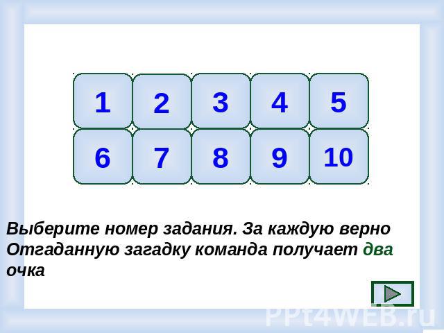 Выберите номер задания. За каждую верно Отгаданную загадку команда получает два очка