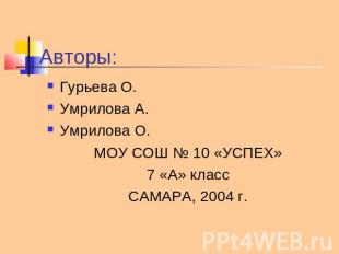 Авторы: Гурьева О. Умрилова А. Умрилова О. МОУ СОШ № 10 «УСПЕХ» 7 «А» класс САМА