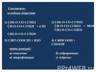 Соотнесите: исходные вещества 1) СН2-О-СО-С17Н31 СН-О-СО-С17Н29 + n H2 СН2-О-СО-