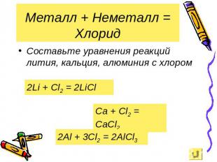 Металл + Неметалл = Хлорид Составьте уравнения реакций лития, кальция, алюминия