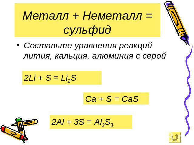 Металл + Неметалл = сульфид Составьте уравнения реакций лития, кальция, алюминия с серой 2Li + S = Li2S Ca + S = CaS 2Al + 3S = Al2S3