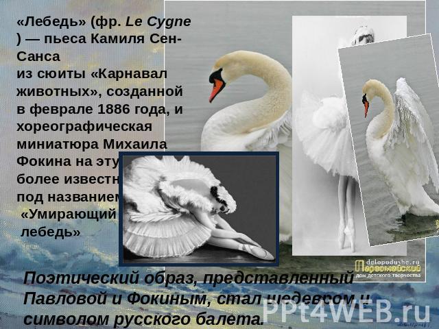 «Лебедь» (фр. Le Cygne) — пьеса Камиля Сен-Санса из сюиты «Карнавал животных», созданной в феврале 1886 года, и хореографическая миниатюра Михаила Фокина на эту музыку, более известная под названием «Умирающий лебедь» Поэтический образ, представленн…