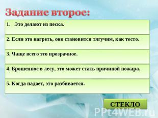 Задание второе: Это делают из песка.2. Если это нагреть, оно становится тягучим,