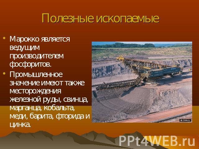Полезные ископаемые Марокко является ведущим производителем фосфоритов. Промышленное значение имеют также месторождения железной руды, свинца, марганца, кобальта, меди, барита, фторида и цинка.