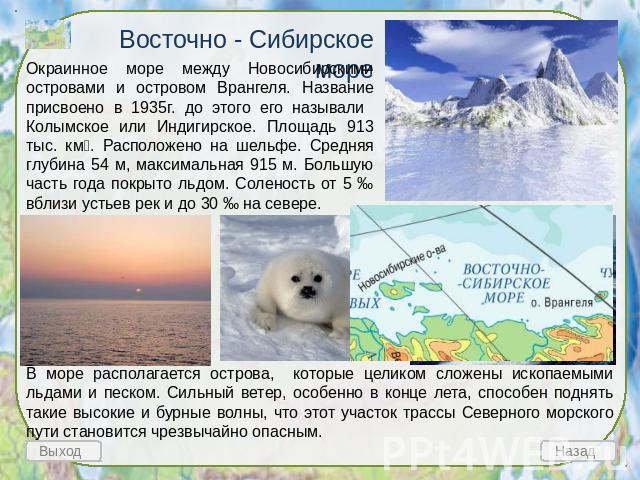 Восточно - Сибирское море Окраинное море между Новосибирскими островами и островом Врангеля. Название присвоено в 1935г. до этого его называли Колымское или Индигирское. Площадь 913 тыс. км. Расположено на шельфе. Средняя глубина 54 м, максимальная …