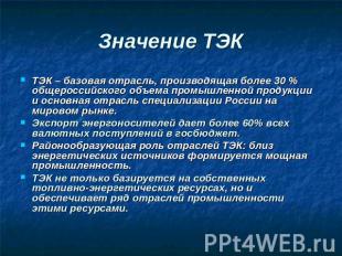 Значение ТЭК ТЭК – базовая отрасль, производящая более 30 % общероссийского объе