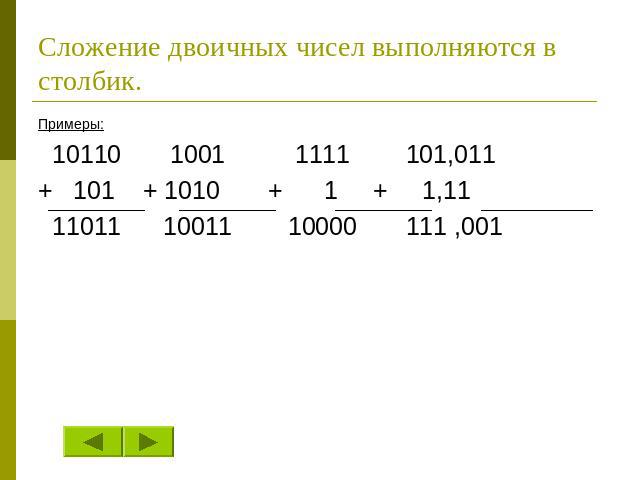 Сложение двоичных чисел выполняются в столбик. Примеры: 10110 1001 1111 101,011 + 101 + 1010 + 1 + 1,11 11011 10011 10000 111 ,001