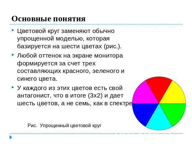 Основные понятия Цветовой круг заменяют обычно упрощенной моделью, которая базируется на шести цветах (рис.). Любой оттенок на экране монитора формируется за счет трех составляющих красного, зеленого и синего цвета. У каждого из этих цветов есть сво…
