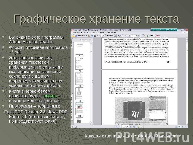 Графическое хранение текста Вы видите окно программы Adobe Acrobat Reader. Формат открываемого файла - *.pdf Это графический вид хранения текстовой информации, то есть книгу сканировали на сканере и сохранили в данном формате, что значительно уменьш…