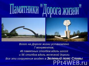 Памятники "Дорога жизни" Всего на Дороге жизни установлено 7 монументов, 46 памя