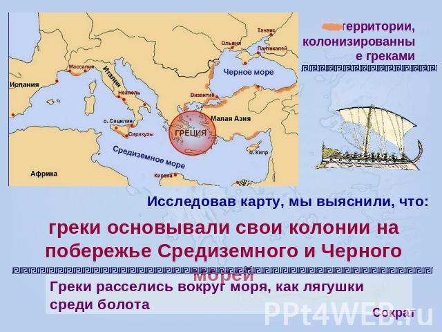 территории, колонизированные греками Исследовав карту, мы выяснили, что: греки основывали свои колонии на побережье Средиземного и Черного морей Греки расселись вокруг моря, как лягушки среди болота