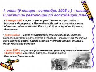 I этап (9 января - сентябрь 1905 г.) – начало и развитие революции по восходящей