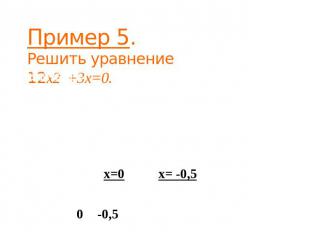 Пример 5. Решить уравнение 12x2 +3x=0. Вынесем за скобки 3х. Получим 3х(4х+1)=0.