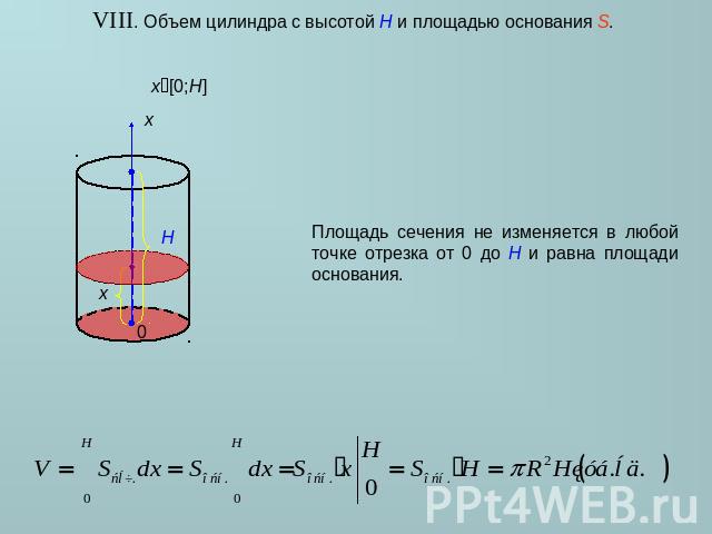 VIII. Объем цилиндра с высотой H и площадью основания S. Площадь сечения не изменяется в любой точке отрезка от 0 до H и равна площади основания.