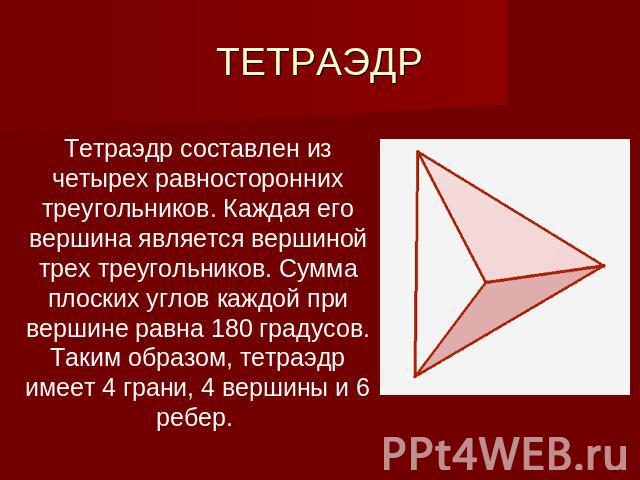ТЕТРАЭДР Тетраэдр составлен из четырех равносторонних треугольников. Каждая его вершина является вершиной трех треугольников. Сумма плоских углов каждой при вершине равна 180 градусов. Таким образом, тетраэдр имеет 4 грани, 4 вершины и 6 ребер.  