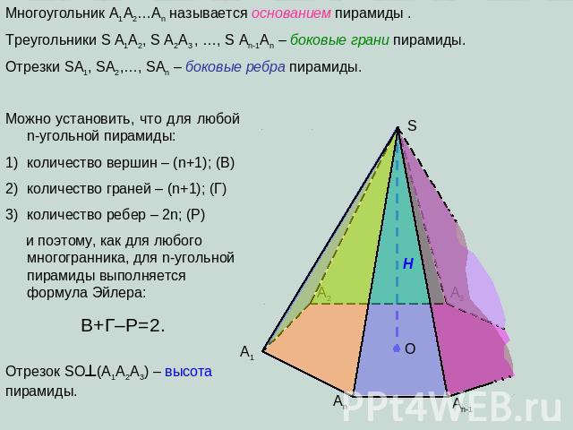 Многоугольник A1A2…An называется основанием пирамиды . Треугольники S A1A2, S A2A3 , …, S An-1An – боковые грани пирамиды. Отрезки SA1, SA2,…, SAn – боковые ребра пирамиды. Можно установить, что для любой n-угольной пирамиды: количество вершин – (n+…