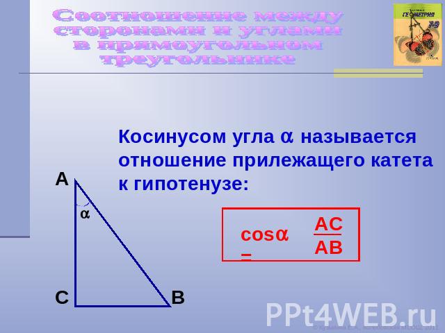 Соотношение между сторонами и углами в прямоугольном треугольнике Косинусом угла называется отношение прилежащего катета к гипотенузе: