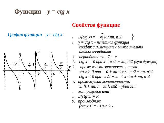 Функция y = ctg x Свойства функции: D(ctg x) = x R / πn, nZ y = ctg x – нечетная функция график симметричен относительно начала координат 3. периодичноть: T = π 4. ctg x = 0 при х = π /2 + πn, nZ (нули функции) 5. промежутки знакопостоянства: ctg x …