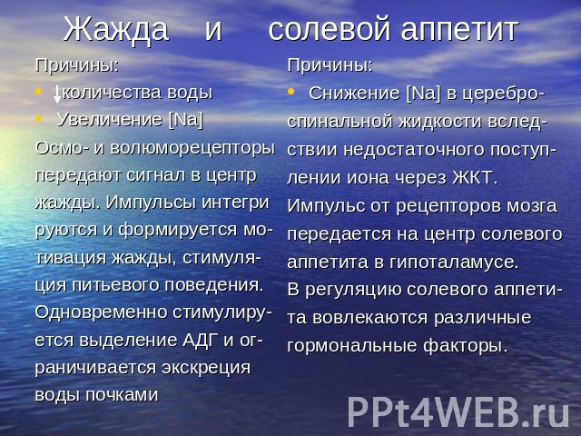 Жажда и солевой аппетит Причины: количества воды Увеличение [Na] Осмо- и волюморецепторы передают сигнал в центр жажды. Импульсы интегри руются и формируется мо- тивация жажды, стимуля- ция питьевого поведения. Одновременно стимулиру- ется выделение…