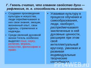 Г. Гегель считал, что главное свойство духа — рефлексия, т. е. способность к сам