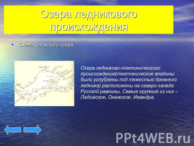 Озера ледникового происхождения Схема Онежского озера Озера ледниково-тектонического происхождения(тектонические впадины были углублены под тяжестью древнего ледника) расположены на северо-западе Русской равнины, Самые крупные из них – Ладожское, Он…