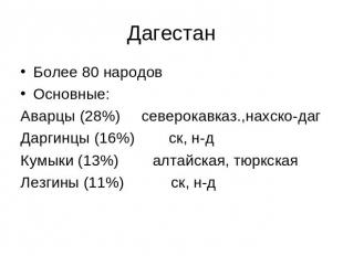 Дагестан Более 80 народов Основные: Аварцы (28%) северокавказ.,нахско-даг Даргин