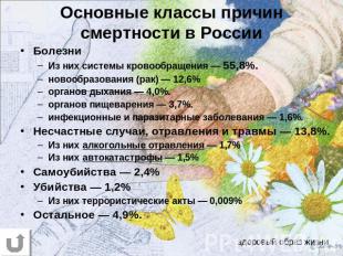 Основные классы причин смертности в России Болезни Из них системы кровообращения