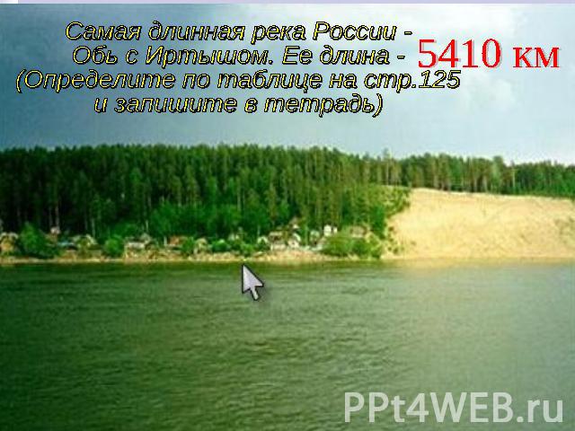 Самая длинная река России -Обь с Иртышом. Ее длина -(Определите по таблице на стр.125и запишите в тетрадь)5410 км
