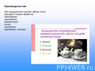 Производство чая При традиционном способе чайные листы проходят 6 этапов обработ