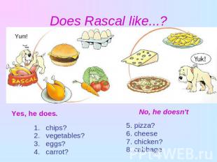Does Rascal like...? Yes, he does. chips? vegetables? eggs? carrot?No, he doesn'