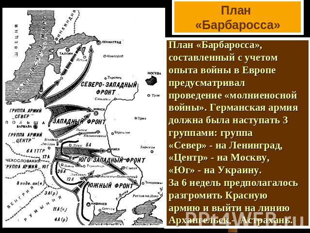План «Барбаросса»План «Барбаросса», составленный с учетом опыта войны в Европе предусматривал проведение «молниеносной войны». Германская армия должна была наступать 3 группами: группа «Север» - на Ленинград, «Центр» - на Москву, «Юг» - на Украину. …