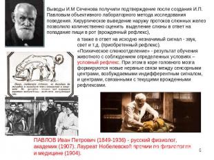 Выводы И.М Сеченова получили подтверждение после создания И.П. Павловым объектив