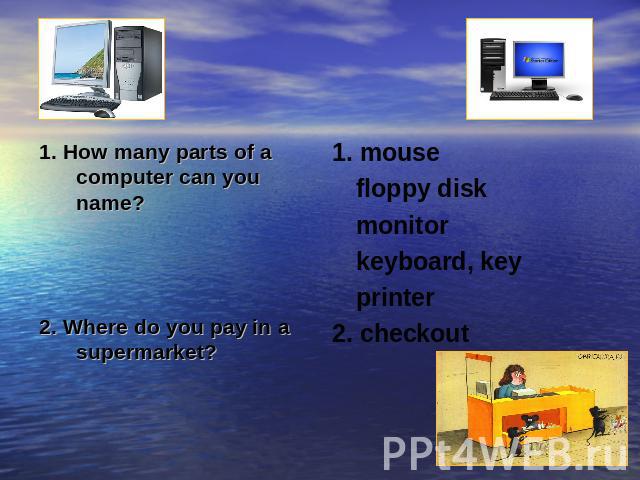 1. How many parts of a computer can you name?2. Where do you pay in a supermarket?1. mousefloppy diskmonitorkeyboard, keyprinter2. checkout