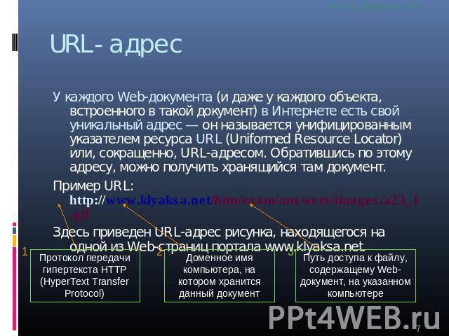URL-адрес У каждого Web-документа (и даже у каждого объекта, встроенного в такой документ) в Интернете есть свой уникальный адрес — он называется унифицированным указателем ресурса URL (Uniformed Resource Locator) или, сокращенно, URL-адресом. Обрат…
