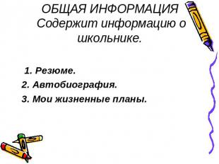 ОБЩАЯ ИНФОРМАЦИЯ Содержит информацию о школьнике. 1. Резюме. 2. Автобиография. 3