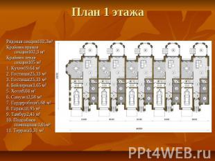 План 1 этажа Рядовая секция102,3м²Крайняя правая секция102,3 м²Крайняя левая сек