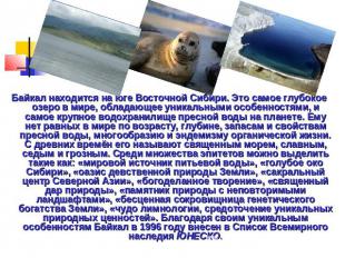 Байкал находится на юге Восточной Сибири. Это самое глубокое озеро в мире, облад