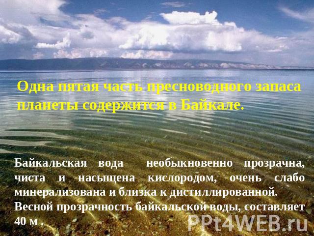Одна пятая часть пресноводного запаса планеты содержится в Байкале.Байкальская вода необыкновенно прозрачна, чиста и насыщена кислородом, очень слабо минерализована и близка к дистиллированной.Весной прозрачность байкальской воды, составляет 40 м .