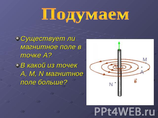 Подумаем Существует ли магнитное поле в точке А?В какой из точек А, М, N магнитное поле больше?