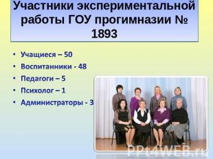 Участники экспериментальной работы ГОУ прогимназии № 1893 Учащиеся – 50Воспитанн