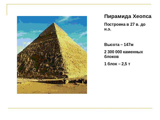 Пирамида ХеопсаПостроена в 27 в. до н.э.Высота – 147м2 300 000 каменных блоков1 блок – 2,5 т