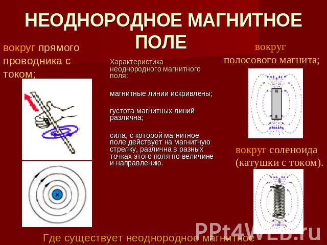 НЕОДНОРОДНОЕ МАГНИТНОЕ ПОЛЕ вокруг прямого проводника с током;Характеристика неоднородного магнитного поля: магнитные линии искривлены;густота магнитных линий различна;сила, с которой магнитное поле действует на магнитную стрелку, различна в разных …