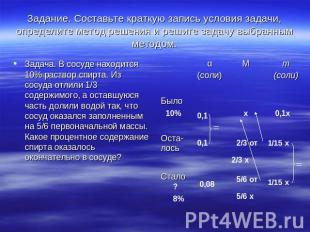 Задание. Составьте краткую запись условия задачи, определите метод решения и реш